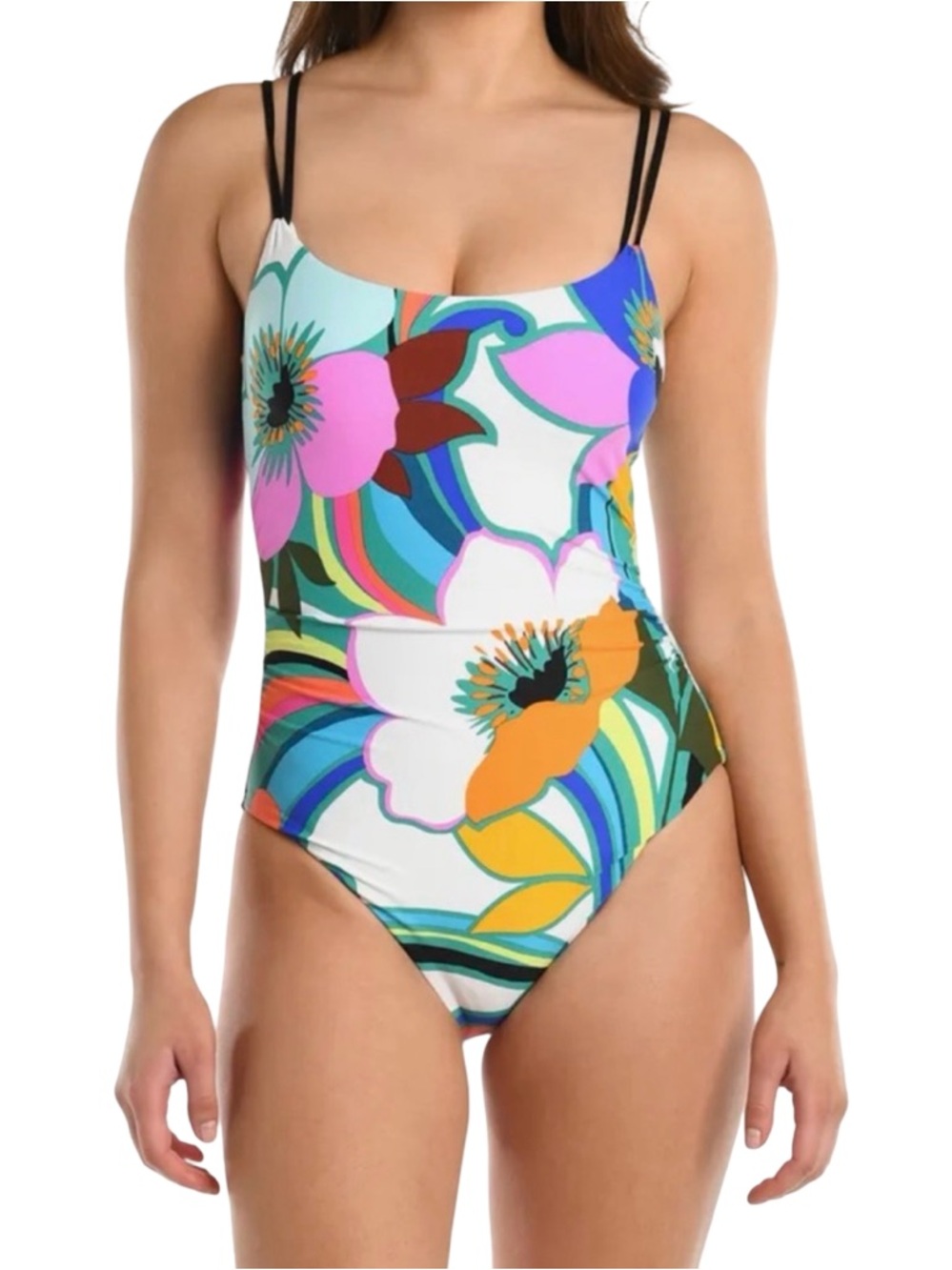 GREAT CONDTN La Blanca Floral Print One-Piece Swimsuit in Pink, Blue and Green